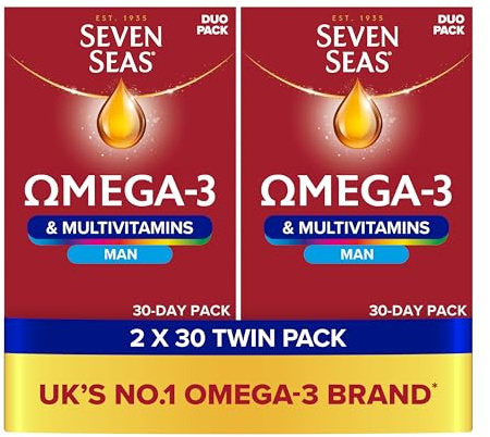 Seven Seas Omega-3 & Multivitamins Man, with B Vitamins and Magnesium, 60 Omega-3 Capsules + 60 Multivitamins Tablets, 2 Months Supply (2X 30 Days Twin Pack), with Educational Leaflet