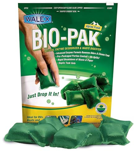 Walex Bio-Pak Black Holding Tank Deodorizer & Waste Digester Drop-Ins - Advanced Enzyme Formula for Rapid Breakdown of Waste & Paper, Removes Odors & Cleans Tank; Alpine Fresh, 10-Pack