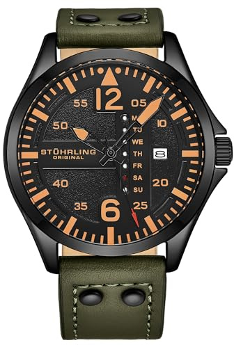 Stuhrling Original Mens Leather Watch -Aviation Watch, Quick-Set Day-Date Leather Band with Steel Rivets,