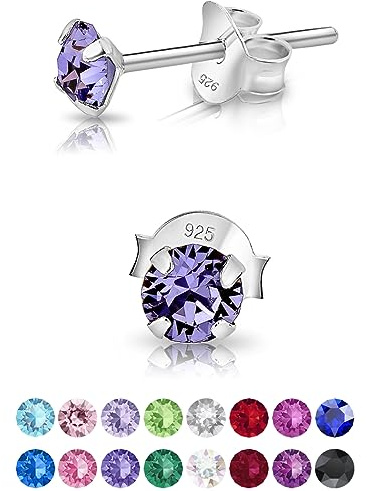 Pendientes de Botón Plata Ley 925 on Cristales Brillantes Tanzanita - Pendientes Pequeños Mujer Plata 925 - Punto de Luz Hipoalergénicos sin Niquel - Diámetro 4 mm