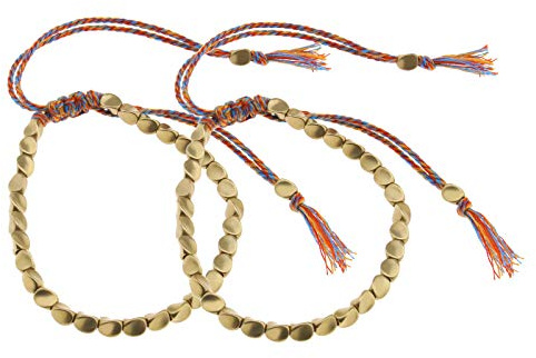 EMSea Pulsera de cuerda trenzada de cuentas de cobre tibetano, hecha a mano con borla colorida de la suerte, unisex, tamaño ajustable, 2 unidades, 17-30 cm, Cobre