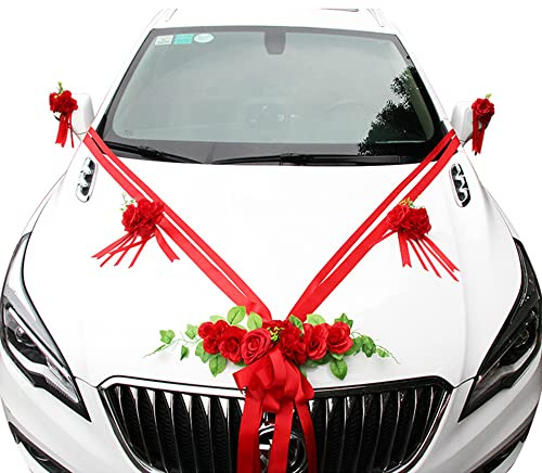 Autoschmuck Hochzeit,Braut Paar Rose Blumen Deko Auto Schmuck Brautwagen Girlande Band Dekoration Wedding Hochzeitsauto Deko Hochzeit Auto Dekoration Hochzeitsdekoration,Hochzeitsdeko Auto,Rot