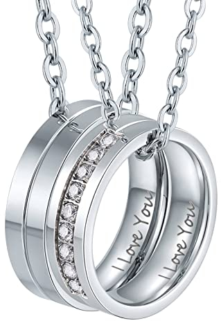Bishilin Partnerketten Personalisiert Edelstahl, Halskette Paare mit Gravur I Love You, Charm Anhänger Ringe mit Kette 60CM 50CM Silber