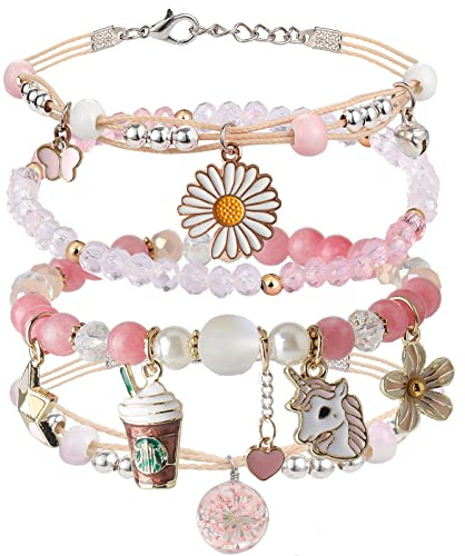 DS Beaded Charm Bracelets for Teen Girls Cute Cartoon 4 PCS Crystal Beads Pearl anime Bracelets for woman girls Adjustable Stretch bracelet anklets birthday Gift For daughter Friends-Pink Pony