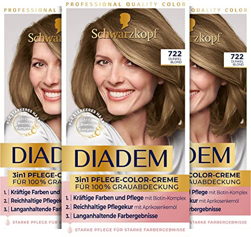 Schwarzkopf Diadem 3 in 1 Pflege-Color-Creme 722 Dunkel Blond (3 x 170 ml), permanente Haarfarbe, Haarpflege-Formel für gesund aussehende Ergebnisse, 100 % Grauabdeckung