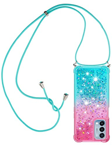 Paekear Halsband för Samsung Galaxy S8 Plus silikonskal, flytande glitterflickor, kvinnor, axelbandsfodral och snodd, med justerbar snoddficka, rosa och blå