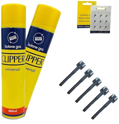 ZYBUX - 2 x Clipper Gas For Lighters - 300ml Gas | BBQ, Candle, Camping, Kitchen, Cooking Lighter + 5 x Clipper Lighter Replacement Wheels - 2 x Packs Of Clipper Lighter Universal Flints