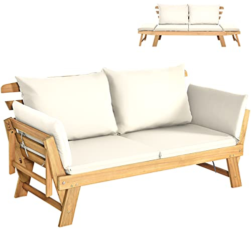KOMFOTTEU Gartensofa aus Holz, Gartenbank Liegestuhl mit Auflage, Sonnenliege mit Beiden Seiten verstellbar, Multifunktionsbank für Garten, Terrasse & Balkon (Weiß)