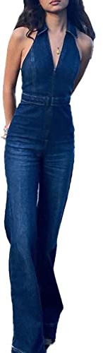 xxxiticat Sexig ärmlös nattklubb denim overall sparkbyxor i ett stycke stretchig sparkdräkt med ficka, blå, XL