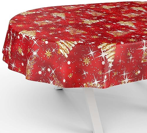Tischdecke aus Stoff Textil abwaschbar Tischwäsche Tischtuch Baumwolle Polyester Christmas Beige Oval 220x140cm In-/Outdoor Tischdecke