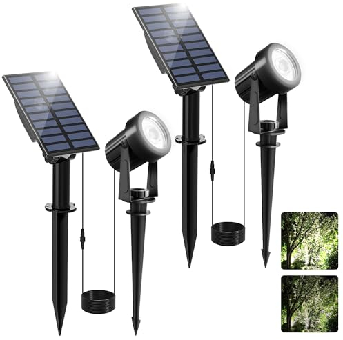 NATPOW Luces Solares LED Exterior Jardín, LED Foco Solar Lámparas Solares para Jardín al Aire Libre, IP65 Impermeable, 2 Niveles de Brillo Iluminación para Árboles, Patio, Caminos(6000K)
