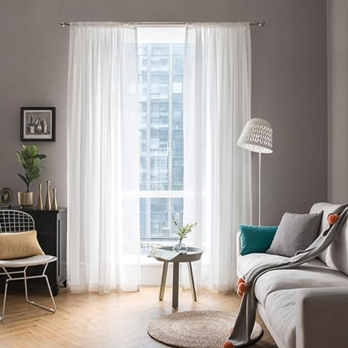 MIULEE Vorhänge Gardinen, Stangendurchzug Weiß, 2er Set 122x140cm aus Voile | Transparente Gardine aus Voile, Luftig Leicht, Einfarbig Dekoschal für Wohnzimmer & Schlafzimmer