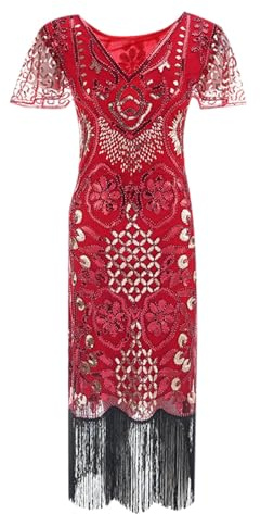 KBOPLEMQ Costume Charleston Femme Robe Gatsby Robe Années 1920 Femmes Paillettes Cocktail Robe de Bal Flapper Great Gatsby Dress Costume Festif Élégant Franges Robes de Soirée, O rouge., L