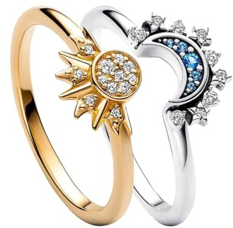 LJFEA 2Pcs Bagues Motif Lune Soleil Scintillant Ajustable Plaqué Or Bague En Argent Promesse Couple Bague Anxiété Réglable Fidget Rings pour Femme Cadeau（Taille 7）