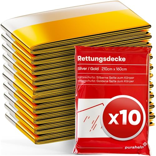 PURAHELP® Rettungsdecke Gold & Silber [10 STÜCK] - 210 x 160 cm | Notfalldecken für Erste Hilfe, Outdoor & Auto - Wetterfeste Überlebensdecken für Wandern, Camping & Notfälle