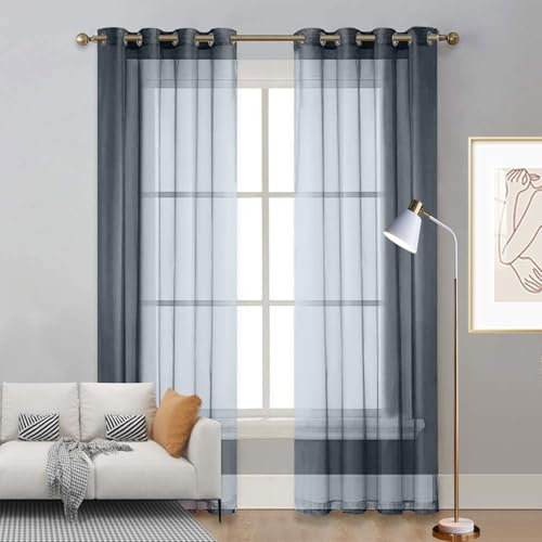 LIUNADM Gardine Halbtransparent mit Ösen 175 x 225 cm Größe Und Farbe Wählbar Querbehang Gardine Durchsichtig Tüllstoff für Küche Wohnzimmer Landhaus, Grau