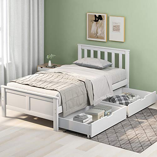 Merax Single Bed Frame with Storage, 3FT Wooden Storage Bed with 2 Drawers, Solid Pine Wood Slat Support, for Adults, Kids, Teenagers, White, 90x190 cm