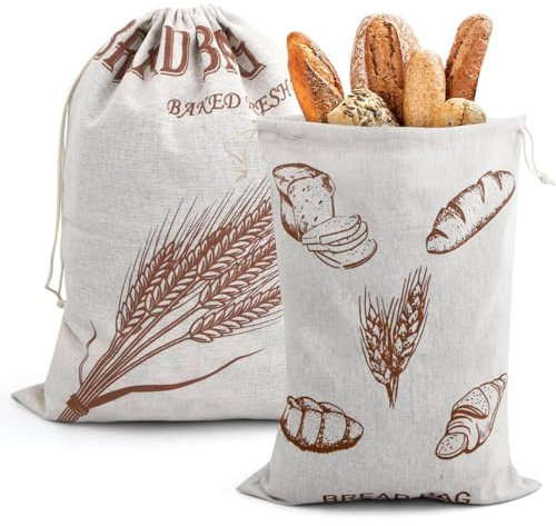 Lot de 2 sacs à pain réutilisables en lin pour le stockage du pain, sacs à pain faits maison avec cordon de serrage, 40 x 30 cm