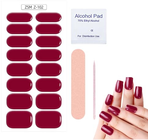 QOMJUFA 16 Pcs Vernis À Ongles Autocollants Rouge, Auto-adhésifs pour UV/LED Lamp Required, Bandes d'ongles en Gel Durci (Rouge)