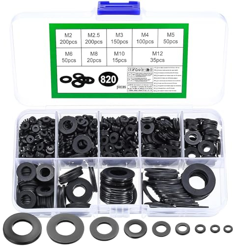 820 Nylon Unterlegscheiben Kunststoff Unterlegscheiben Schwarz, flache Unterlegscheiben Set, Nylon Distanzhülsen Sortiment, Distanzscheiben für Mechanische, M2/M2.5/M3/M4/M5/M6/M8/M10/M12(Schwarz)
