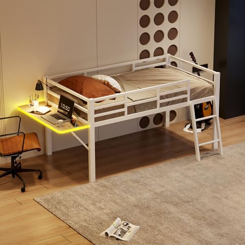 WIZBED Halbhochbett für Kinder, Metallbett mit Leiter & led Faltbare Schreibtisch & Geländer, Kinderbett mit Lattenrost, Bettgestell, für Jungen und Mädchen (Weiß, 90x200)