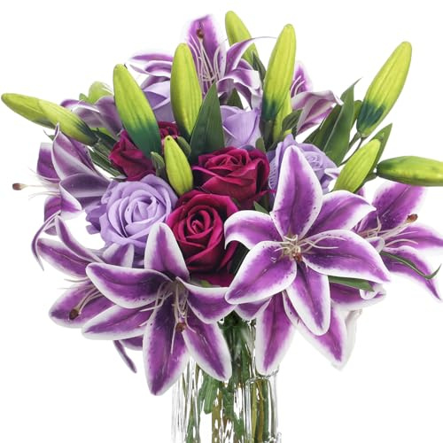 Hotop 20 Pcs Artificial Flowers Mother's Day Velvet Realistic Roses and Latex Lilies Flowers Bouquet Decorations Arrangements for Home Table Centerpieces Wedding Decor(Violet, Light Purple, Purple)