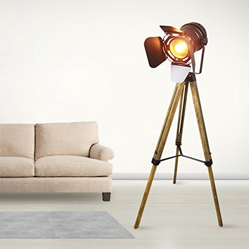 Lámpara de pie con trípode de madera maciza, lámpara estándar de altura ajustable, reflector para sala de estar, lámpara de pie negra creativa retro para dormitorio, lámpara de pie de 60 x 150 cm de