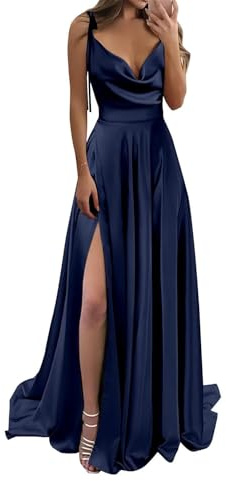 YIANN Robe de bal en satin à col bénitier pour femme avec fente sans manches - Robe de soirée formelle longue robe de demoiselle d'honneur, bleu marine, 50 Grande taille