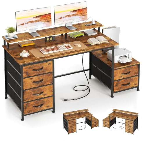 Flrrtenv 128cm Desk with Fabric File Cabinet, Computer Desk with Shelves and Drawers, Writing Table with Monitor Stand, Study Table Workstation for Home Office, Rustic Brown