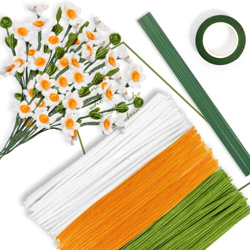 Daisy Blumenstrauß Pfeifenputzer, 300Stück Pfeifenreiniger zum Basteln Chenilledrah Pfeifenreiniger Pipe Cleaner mit Band und Blumenstäbe für DIY Daisy Blumenstrauß Handwerksprojekte (Grün,Gold, Weiß