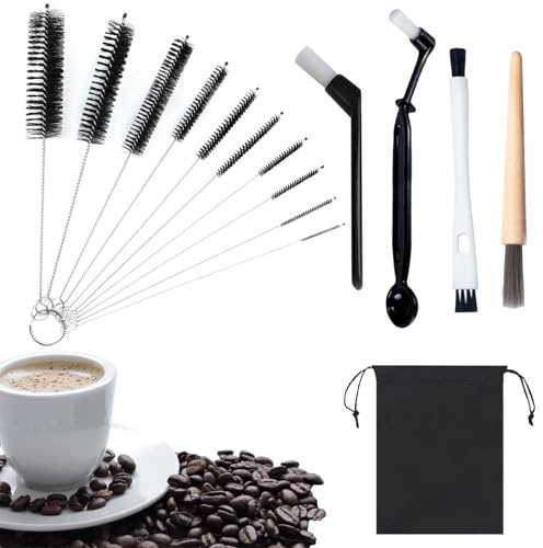 Ruikdly Cepillo de Limpieza Café, 15 Piezas Cepillo Cafetera con 10 Tubos de Cepillo de Limpieza y 1 Bolsa, Cepillo Cafetera Mango Pesado de Madera para Limpiar Cafetera, Molinillo