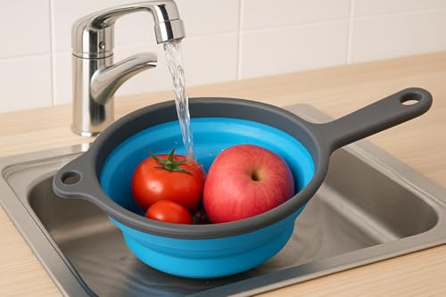 Scolapasta pieghevole in silicone con manico, colino da cucina pieghevole per pasta, frutta e verdura, senza BPA, resistente al calore, filtro salvaspazio (34,5 cm)
