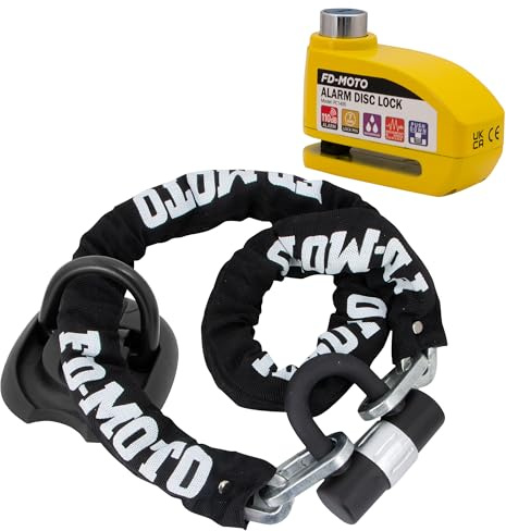 FD-Moto CL729 Chain Lock + Ground Anchor (4 Bolts) + Alarm Brake Disc Lock | 1.2M*10mm Yellow Steel Heavy Duty for Motorbike Motorcycle Scooter Bike Bicycle