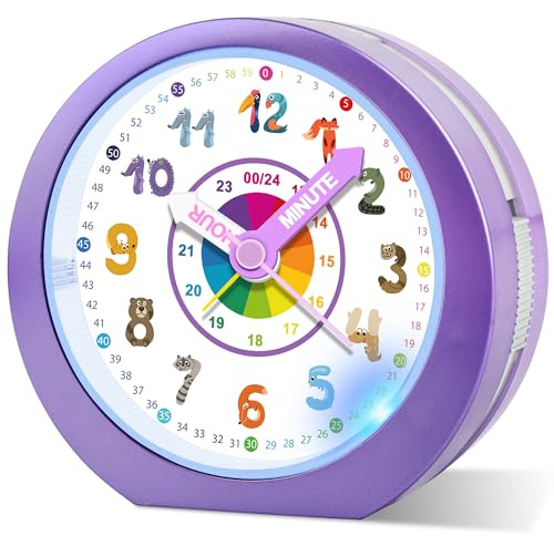Edillas Sveglia Bambini,Sveglia Analogica Senza Ticchettio con Luce Notturna e Snooze,Alimentata a Batteria,Regalo per Camera dei Bambini,Scuola,Compleanno (Lavanda)
