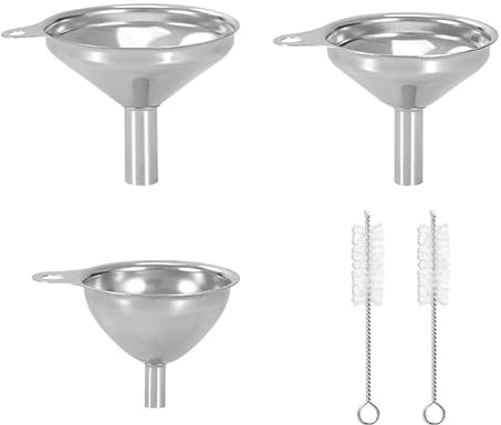 3 Pezzi Imbuti in acciaio inox con 2 spazzole pulizia e 2 setacci, Impilabili con manico, 4,5 x 5,5 x 7,5 cm Piccolo imbuto,Imbuto in Acciaio Inox,Set Piccolo Detergente