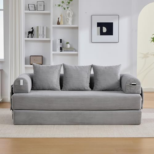 Divano compressione in Velluto a Coste, Morbidissimo e Liberamente Componibile, Divano pieghevole con Tasche Laterali e tre cuscini, Struttura in metallo, divano a 3 posti Sofa Soggiorno(Grigio chiaro