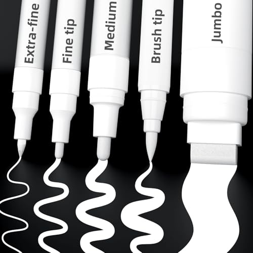 TECADA 5 White Paint Pens, 5 Different Tips Acrylic Paint Markers for Rock Painting, Glass Marking, Canvas, Wood, Tire, Metal, Fabric - Extra Fine, Fine, Medium, Brush Tip & Jumbo Pens