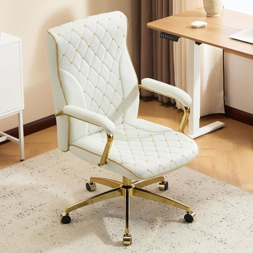 Ckaff Bürostuhl Ergonomisch, PU Leder Chefsessel, Schreibtischstuhl Computerstuhl Drehstuhl mit Hoher Rückenlehne, Gepolsterter Armlehnen und Höhenverstellbar, Neigefunktion, Beige