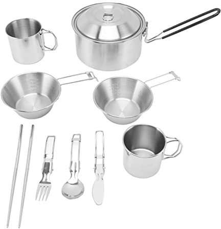 ANKROYU Juego de utensilios de cocina para acampar Juego de ollas y sartenes duraderos y livianos de acero inoxidable con asas para acampar al aire libre Senderismo Mochilero Picni