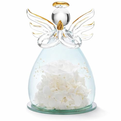 Florose Glass Angel Figurine with Real White Preserved Rose – Handmade Crystal Angel Statue in Glass Dome, Elegant Gift for Women, Mom, Wedding, Anniversary & Memorial Decor