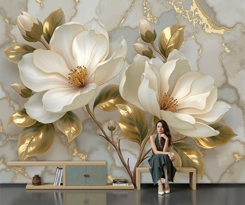 Carta da Parati 3D Effetto, 200x140cm Fotomurali in Seta Magnolia 3D Fotomurale Motivo Marmoreo XXL Poster Gigante Design Decorazione da Parete per Soggiorno Camera De Letto Sala Ufficio, Oro