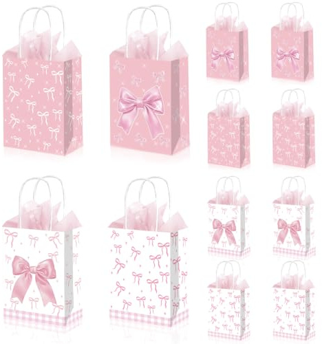 Dmnnlp 12 Stück Rosa Schleife Geschenktüten Klein mit Seidenpapier - 2 Designs Papiertüten 16x8x21cm für Geburtstag Hochzeit Party Mitgebsel Tüten Kindergeburtstag