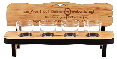 Cera & Toys® Holzbank mit 4 Schnapsgläsern und Namensgravur/Motivwahl Auf deinen Geburtstag