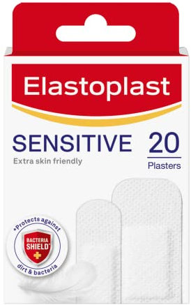 Elastoplast Sensitive Hypoallergenic Plasters (20 Pieces), for Painless Removal, Soft and Breathable Fabric Plasters, Protects and Cushions The Wound, White