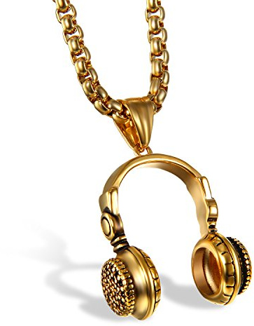JewelryWe Schmuck Biker Herren Halskette Edelstahl Punk Rock DJ Musik Kopfhörer Headset Anhänger mit 61cm Kette Geschenk Farbe: Silber, Gold