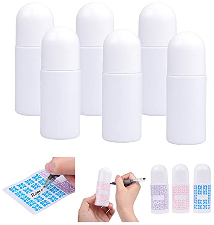 Flaconi Deodorante Roll-On Ricaricabili (Confezione da 6) - Vuoti - Anti-Perdita - 50 ml (1.7 Oz) - 20 Adesivi Scrivibili - Tappo a Vite -per Deodorante Naturale Fatto in Casa, Repellente Antizanzare