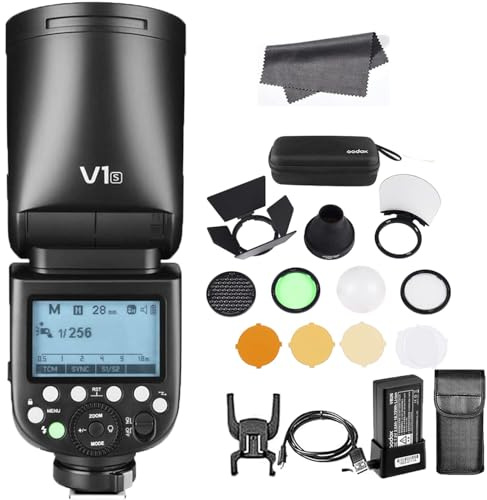 Godox V1S Compatible with Sony with Godox AKR1 Accessories Kit, 76Ws 2.4G TTL Round Head Flash Speedlight, 1/8000 High Speed Sync Speedlite 1.5 seconds Recycle Time, 10 Level Modeling Lamp