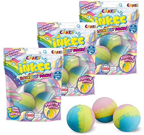 INKEE RAINBOW | 9x Kinder Badebomben, Regenbogen Badekugeln mit verschiedenen Farbschichten und Marshmallow-Duft, mit Mandelöl