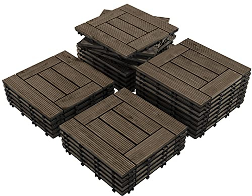 Yaheetech 27PCS Wooden Flooring Patio Deck Tiles Interlocking Tiles Patio Solid Wood and Plastic Indoor&Outdoor 12 x 12in Dark Brown
