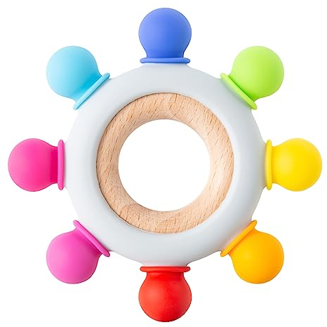 Arudyo Silikon Beißring BPA-frei - Baby Ruder Greifling Zahnen Spielzeug - Nursing Zubehör mit Hölzern Ring (8 Richtungen - Regenbogen)